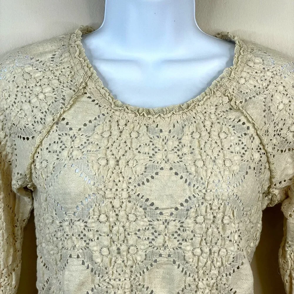Free‎ People Womens Crochet Lace Boho Top Size S Ivory Long Sleeve Cowgirl Comfy